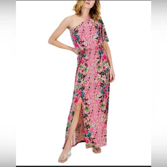 INC International Concepts | Dresses | Inc Macys One Shoulder Pink And Green  Print Maxi Dress | Poshmark